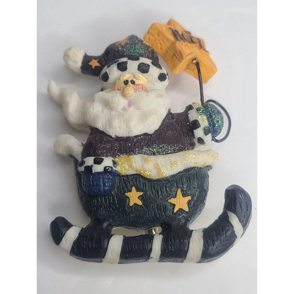 Vintage Santa Claus Noel Brooch - Funny Christmas Pin With Star & Glitter Accent